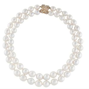White Pearl Duble Strand Alhambra Flower Diamond Necklace Ven Cliff Style